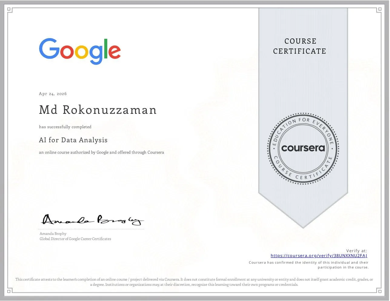 AI for Data Analysis Certificate — Md Rokonuzzaman