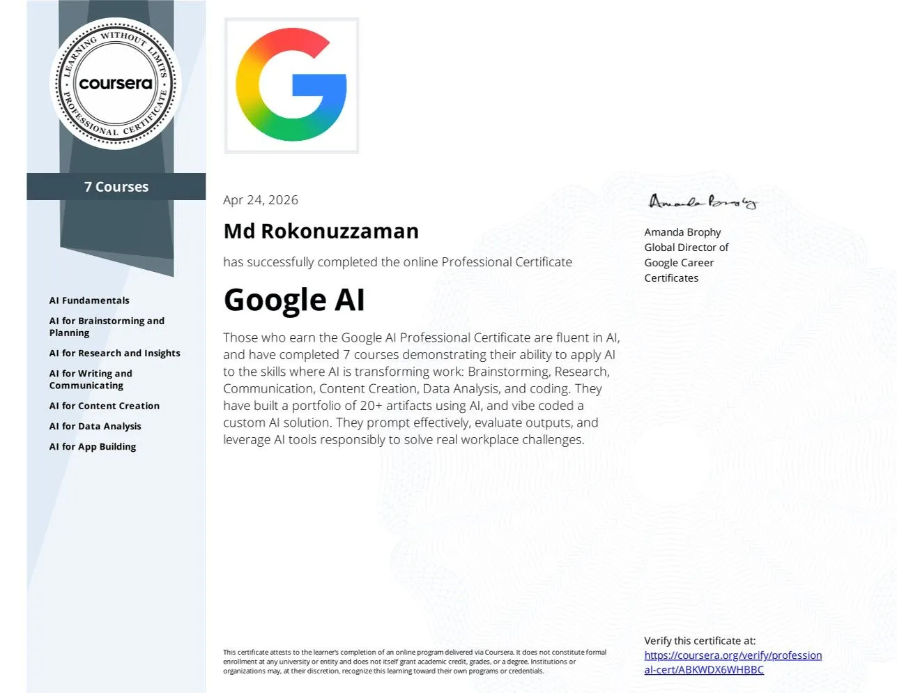 Google AI Certificate — Md Rokonuzzaman