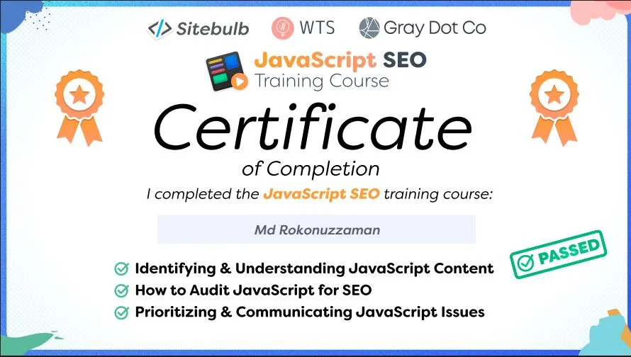 JavaScript SEO Sitebulb Certificate — Md Rokonuzzaman