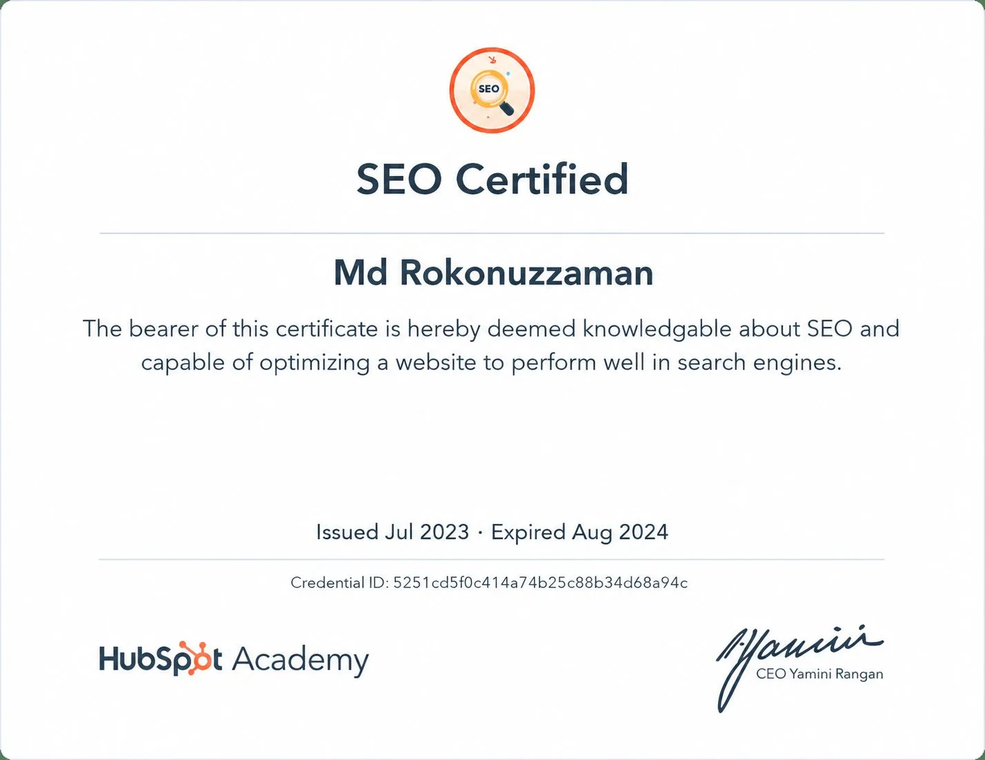SEO Certificate HubSpot Academy — Md Rokonuzzaman