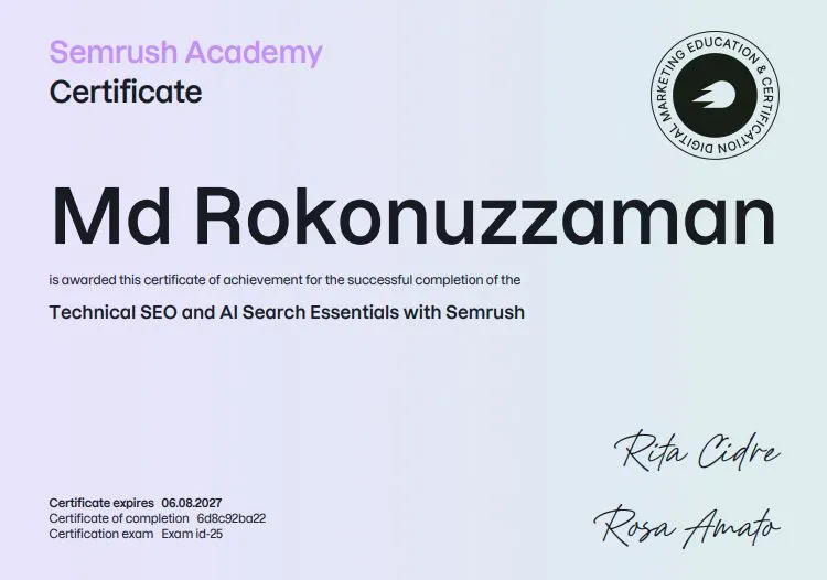 Technical SEO & AI Search Essentials Semrush Certificate — Md Rokonuzzaman